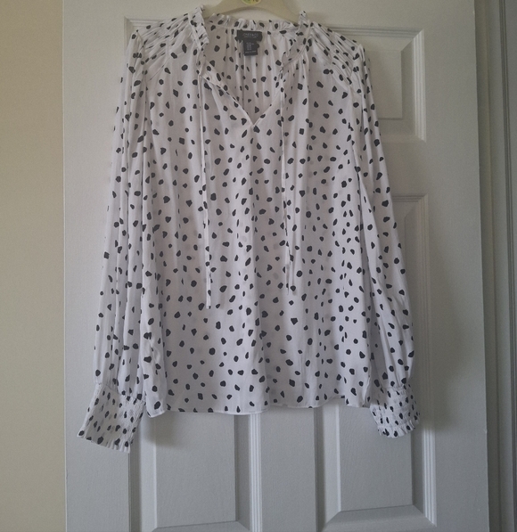 Jones New York Tops - Jones New York White Blouse with Black Spot Print and Tie Detail